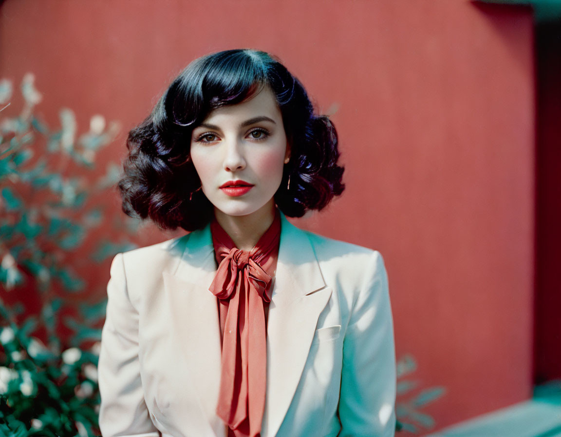 Dark-haired woman in beige blazer with red bow tie against foliage backdrop