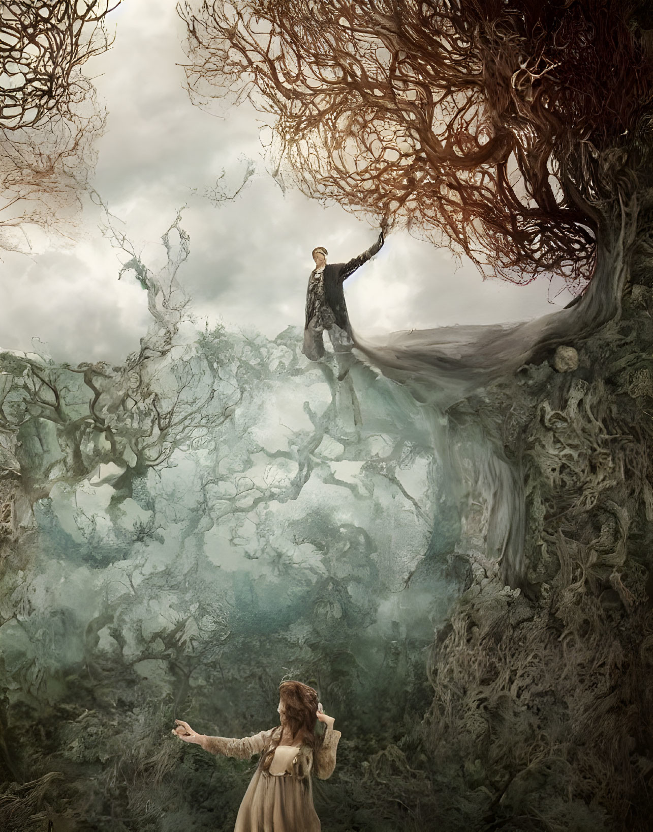 Man on fantastical forest bridge reaching hand to woman below among twisted, ethereal trees and mist