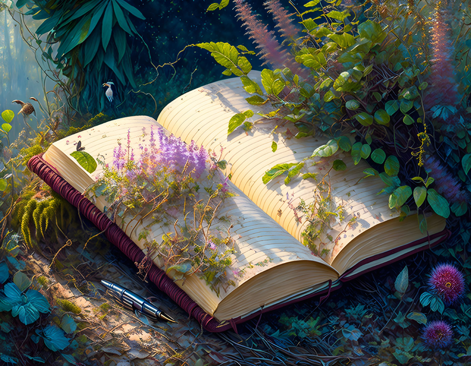 Open book in forest with purple flowers and pens