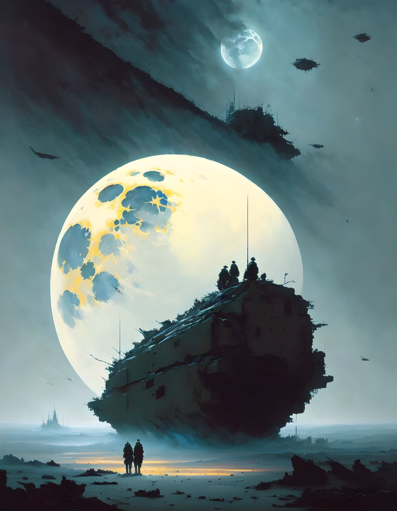 Giant moon overlooks futuristic floating structure with silhouetted figures at twilight