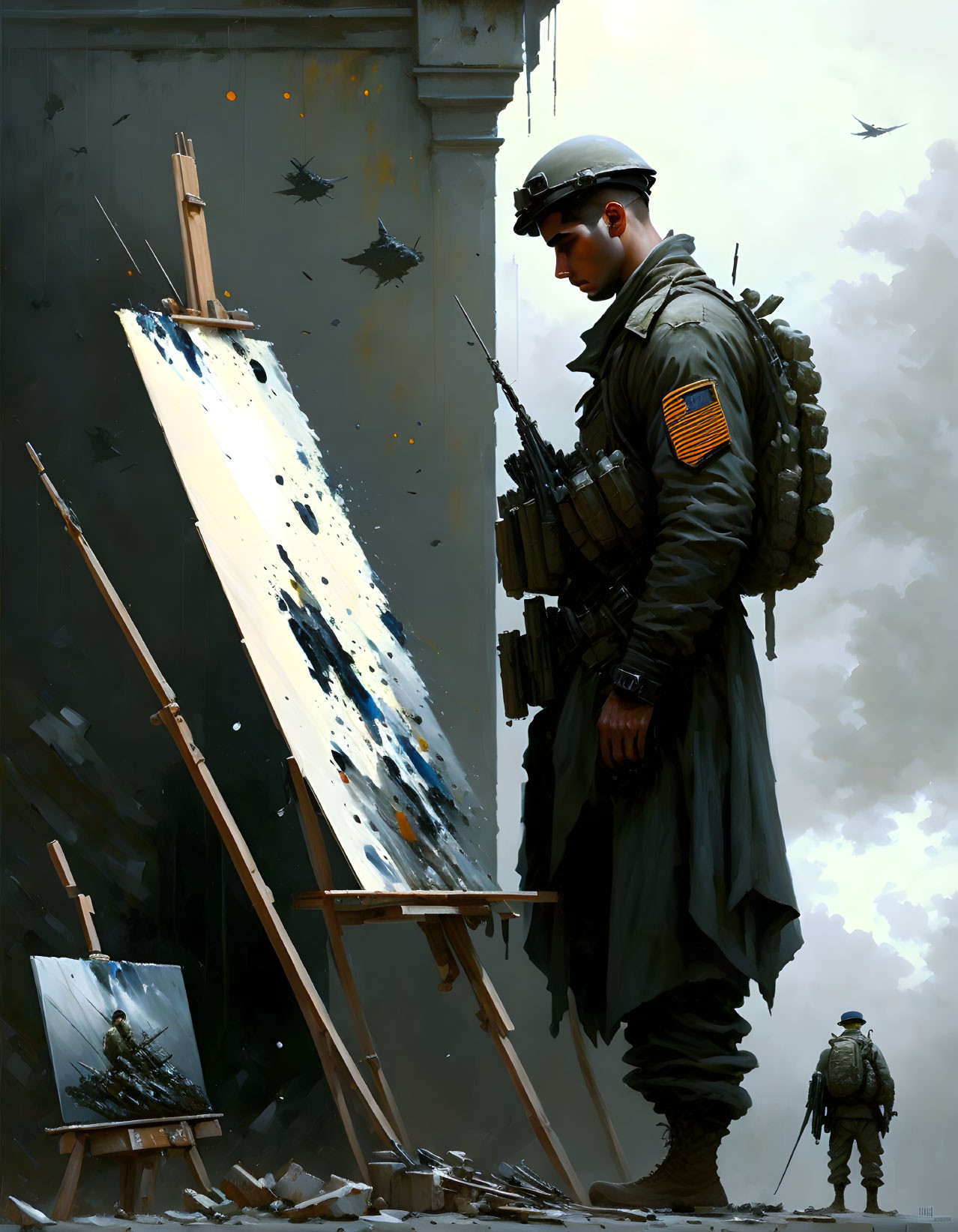 Soldier in uniform admiring splash-painted canvas in war-torn setting