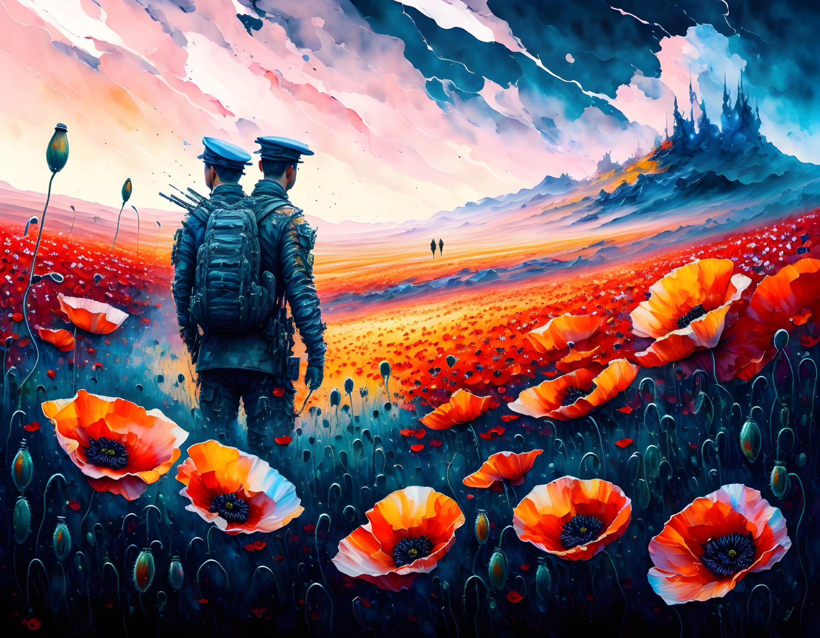 Person standing in red poppy field with castle and dramatic sky