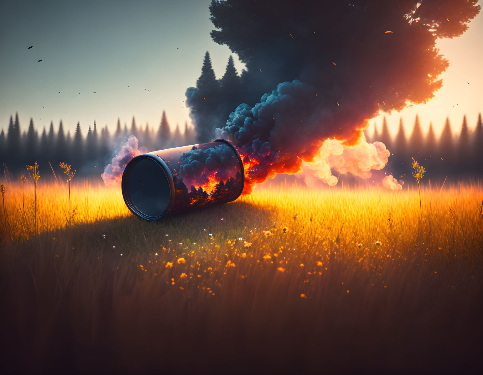 Surreal can with fiery explosion in forest meadow at dawn or dusk