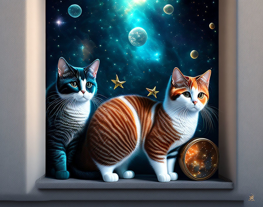 Illustrated cats on windowsill with cosmic sky and spilled stars jar