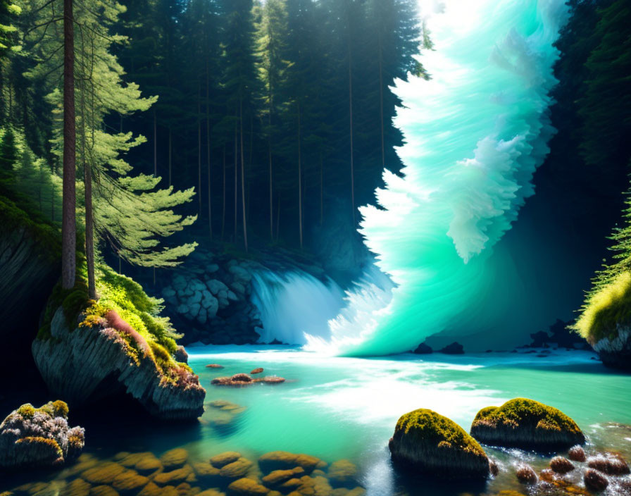 Tranquil forest scene with turquoise waterfall and sunbeams