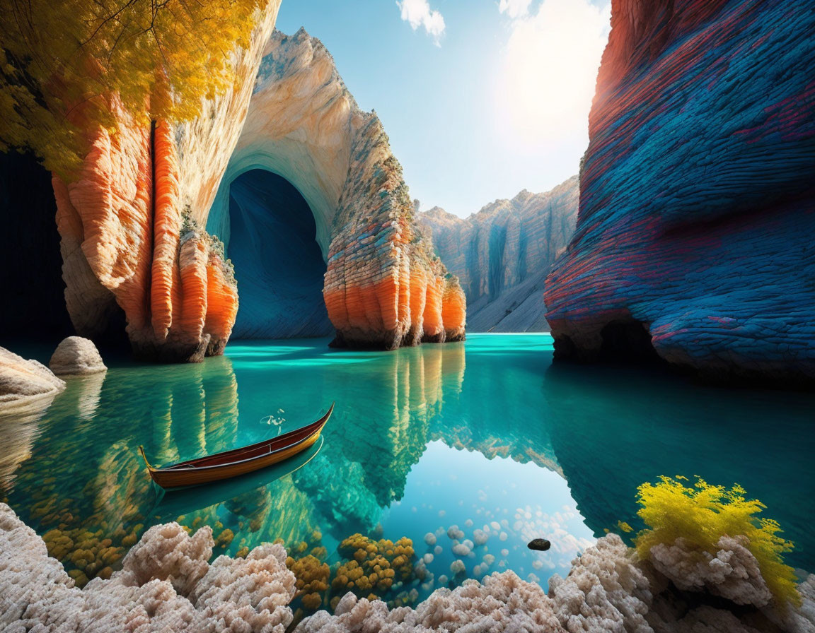 Boat on Clear Blue Water in Colorful Rocky Cove