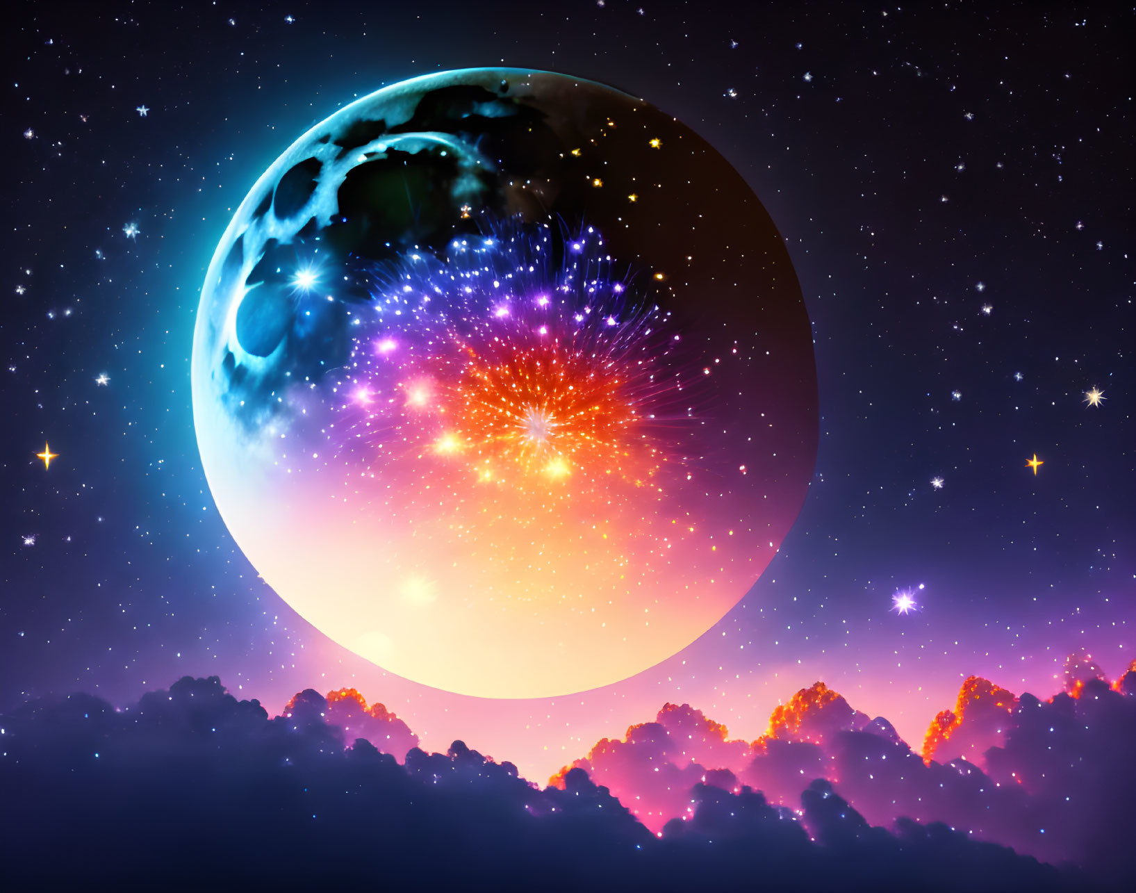 Colorful celestial body in cosmic scene with starry backdrop and nebulous clouds