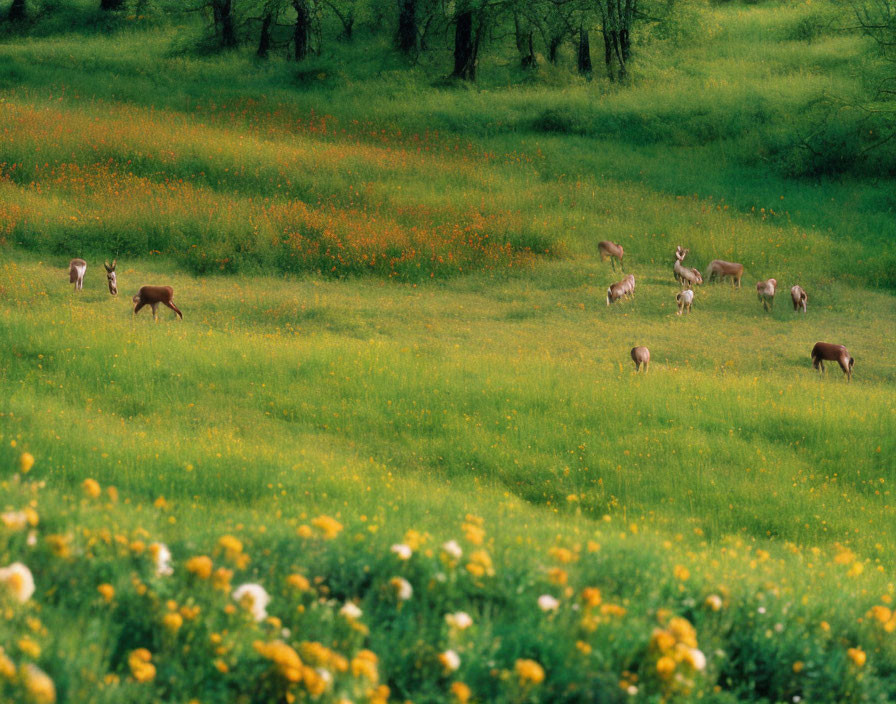 Deer Herd Grazing in Lush Meadow with Wildflowers