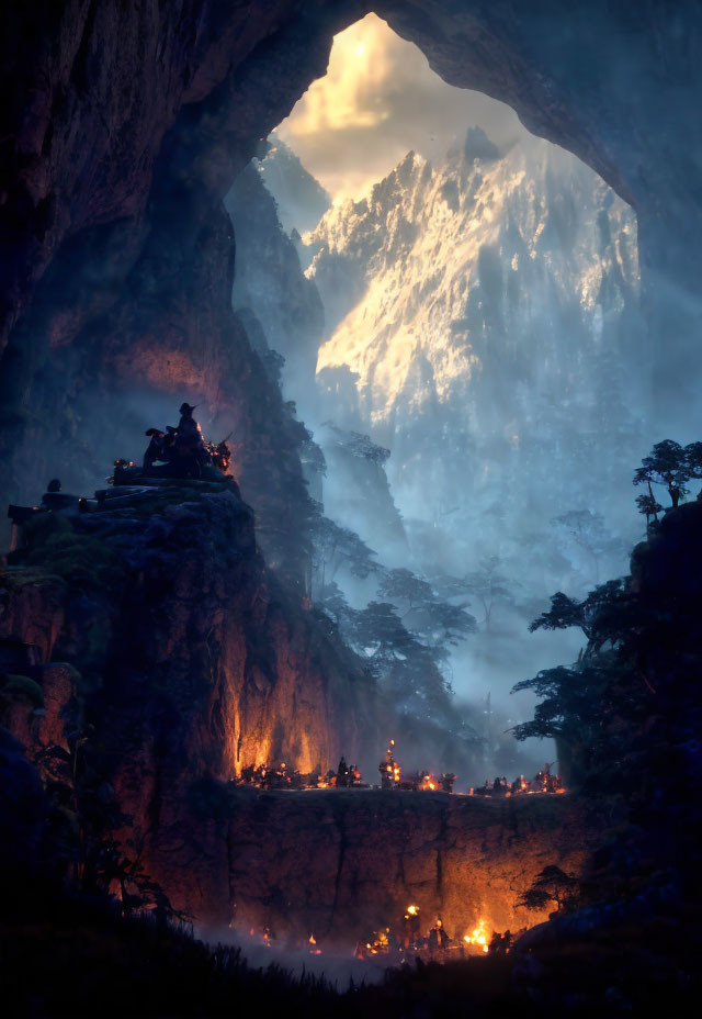 Mystical cave opening with mountain, figures by fireside, and torch procession depicted.