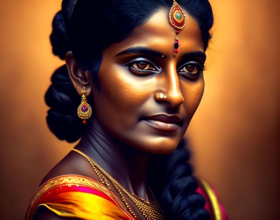 Traditional Indian Jewelry and Attire Portrait on Amber Background