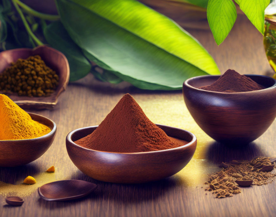 Wooden bowls with turmeric, chili powder, and seeds on table with green leaves