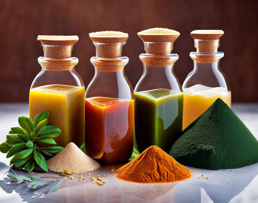 Colorful Spice Bottles and Fresh Herbs Displayed on Table