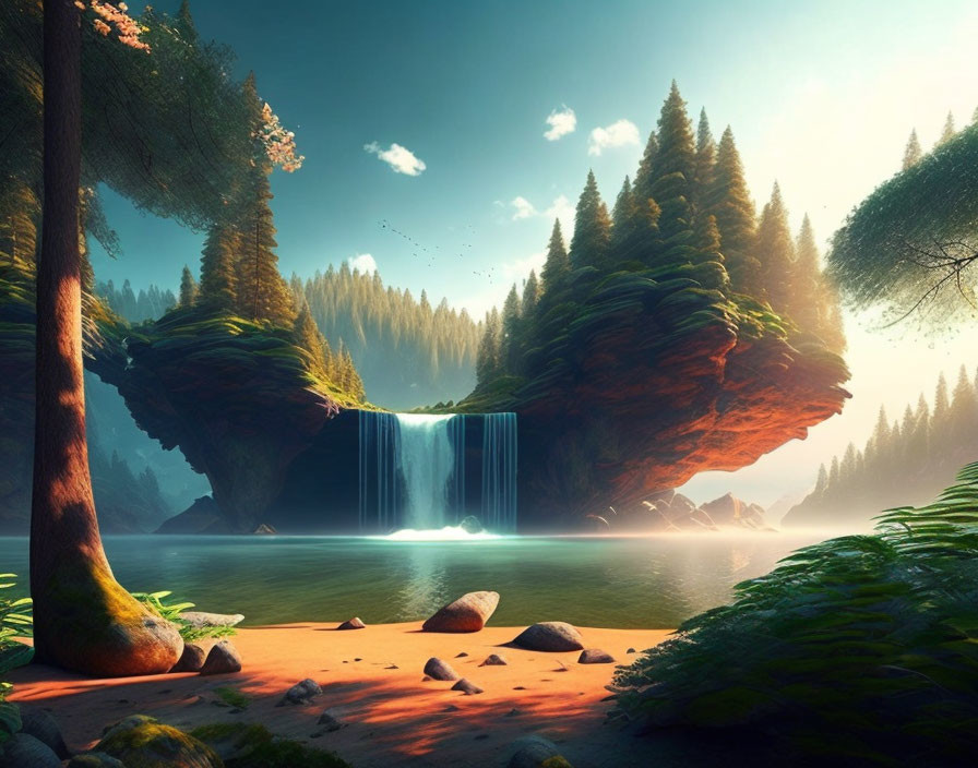 Fantastical landscape with floating island, waterfall, forests, and serene lake