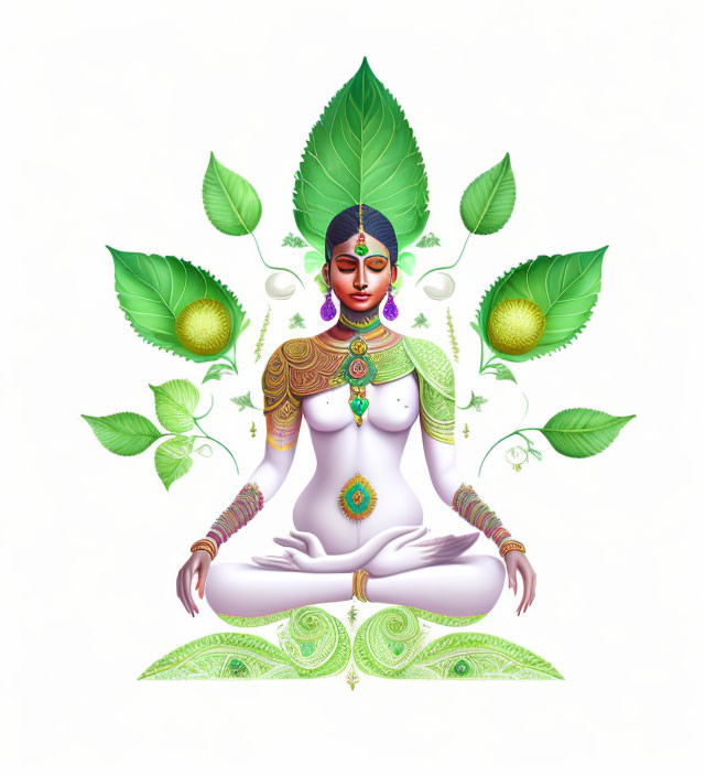 Colorful Stylized Illustration of Meditating Female Figure with Green Leaves and Intricate Patterns