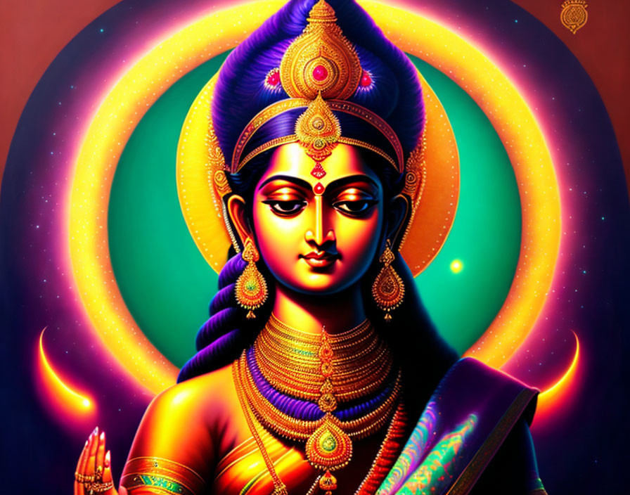 Colorful Hindu goddess illustration with four arms and gold jewelry