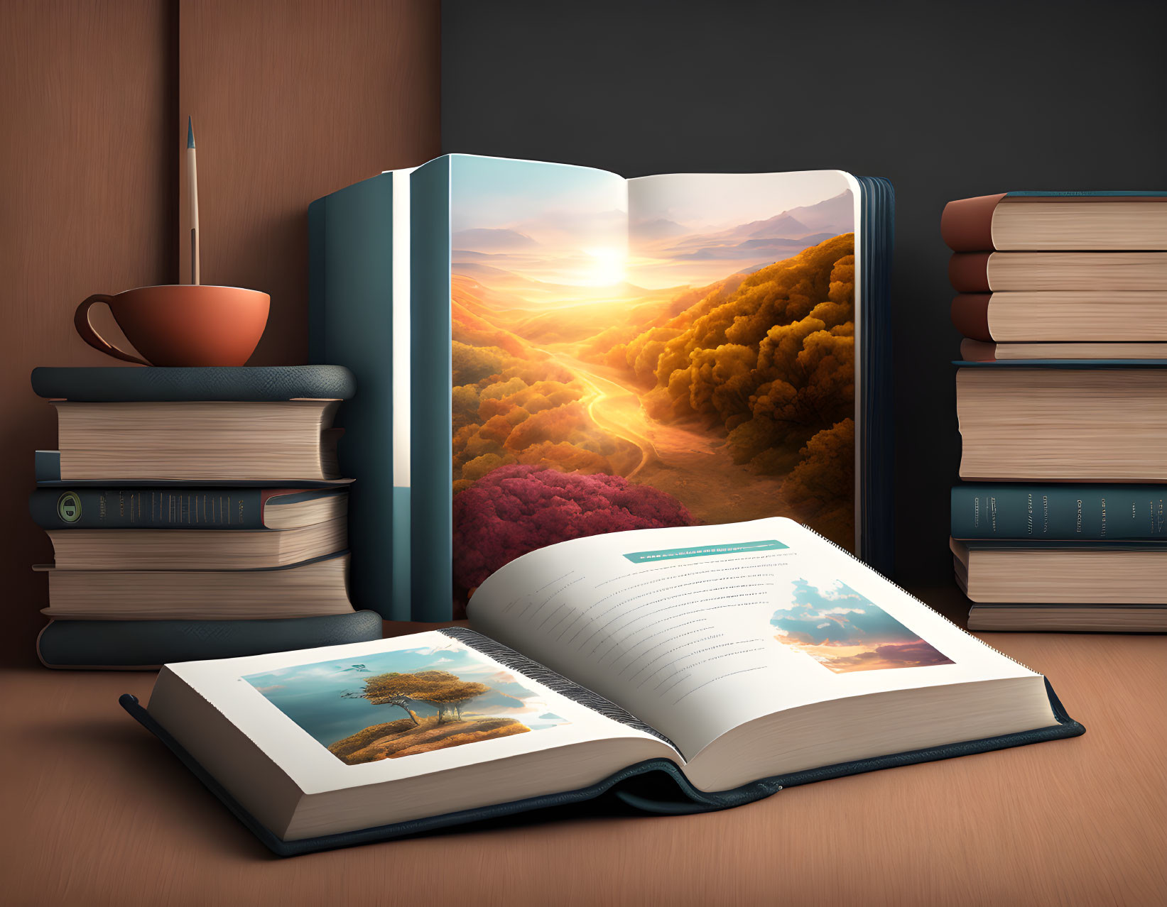 Illustrated landscape on open book among books and coffee cup on desk