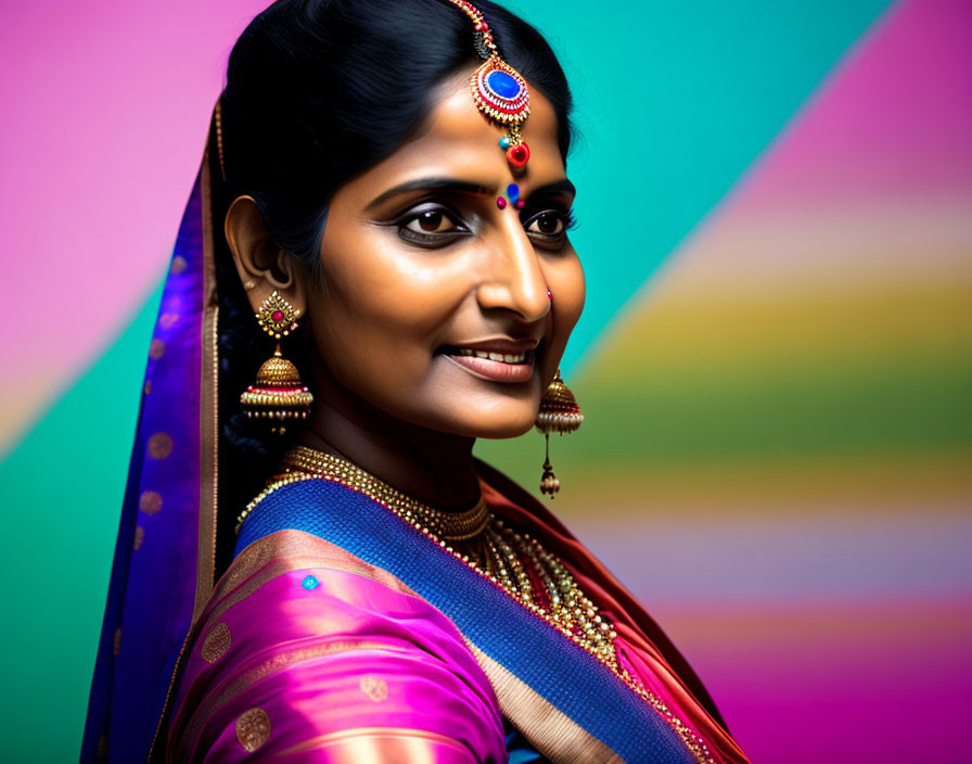 Traditional Indian Attire Woman with Vibrant Background and Jewelry