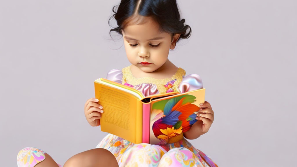 Child Reading Colorful Book in Patterned Dress