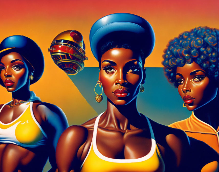 Stylized women with afro hairstyles in retro outfits on colorful gradient background