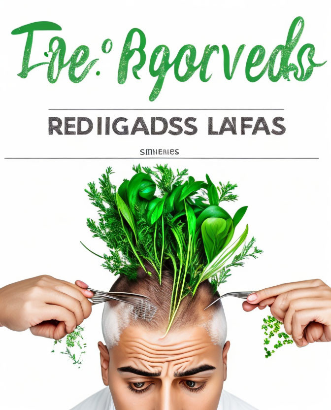 Person cutting fresh green herbs growing from head with scissors for creative growth concept.