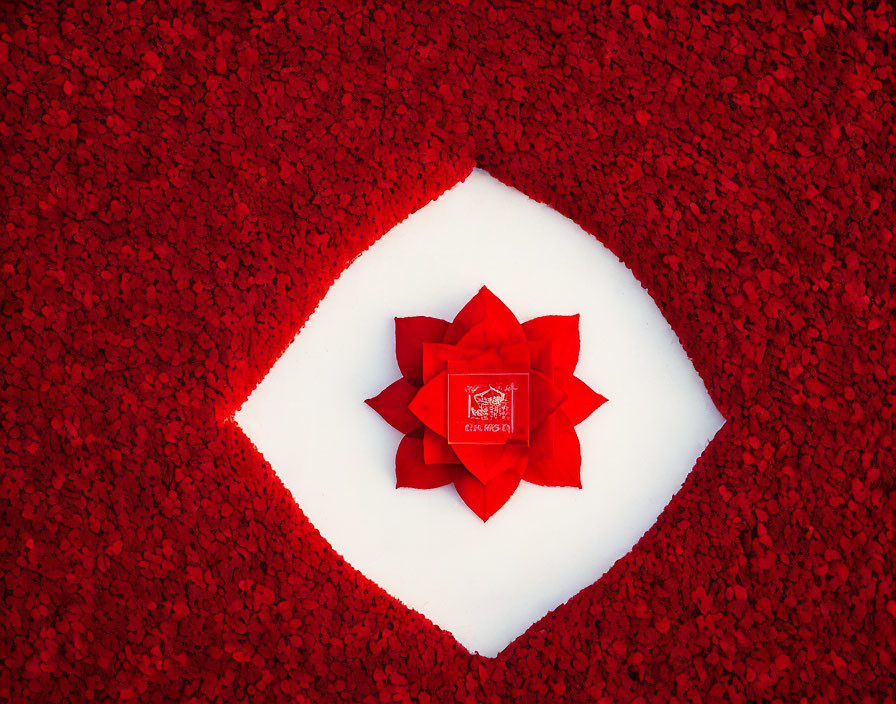 Red Geometric Petal Flower on White Square with Red Textured Background