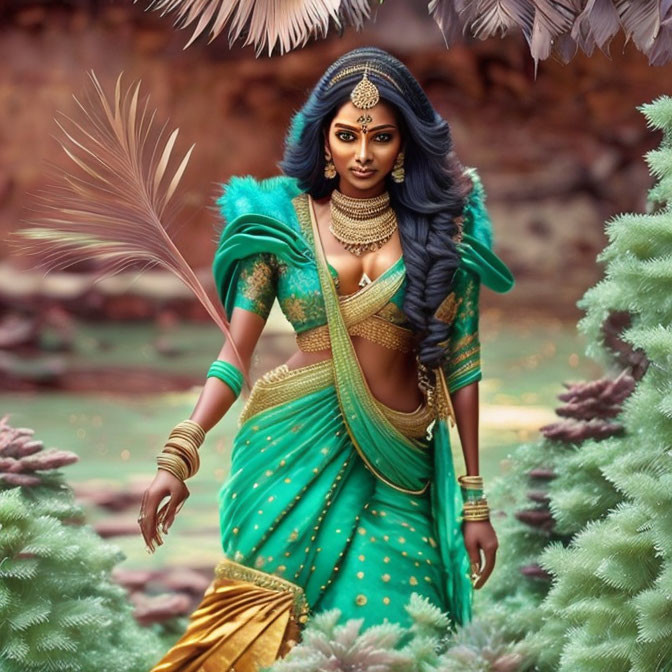 Traditional Indian woman in green and gold saree with intricate jewelry, standing in lush foliage