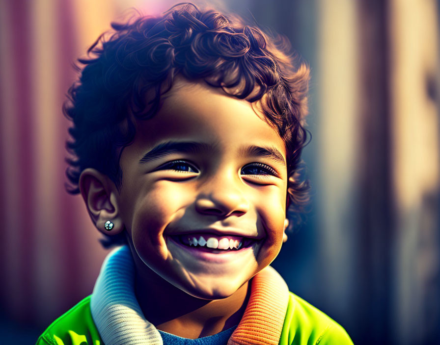 Curly-haired child in colorful jacket with bright smile.