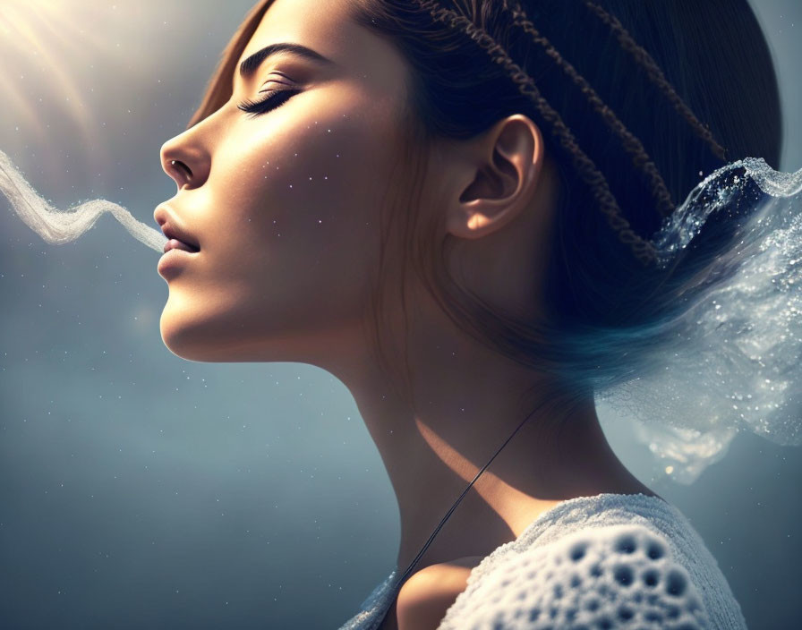 Woman's side profile with cosmic and aquatic elements: stars on face, hair emits waves