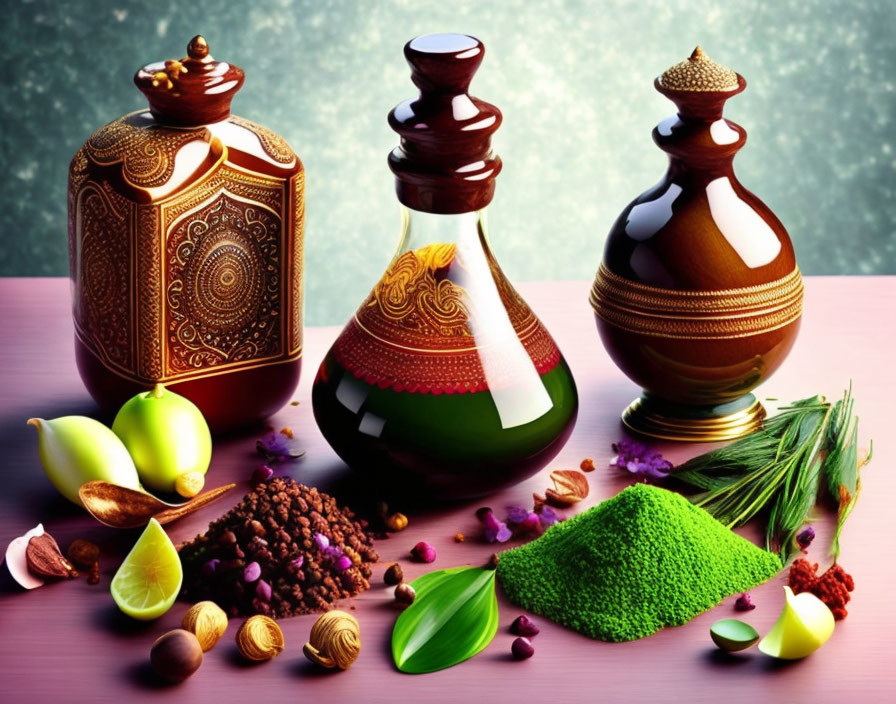 Intricate Ceramic Bottles with Spices, Herbs, and Fruits