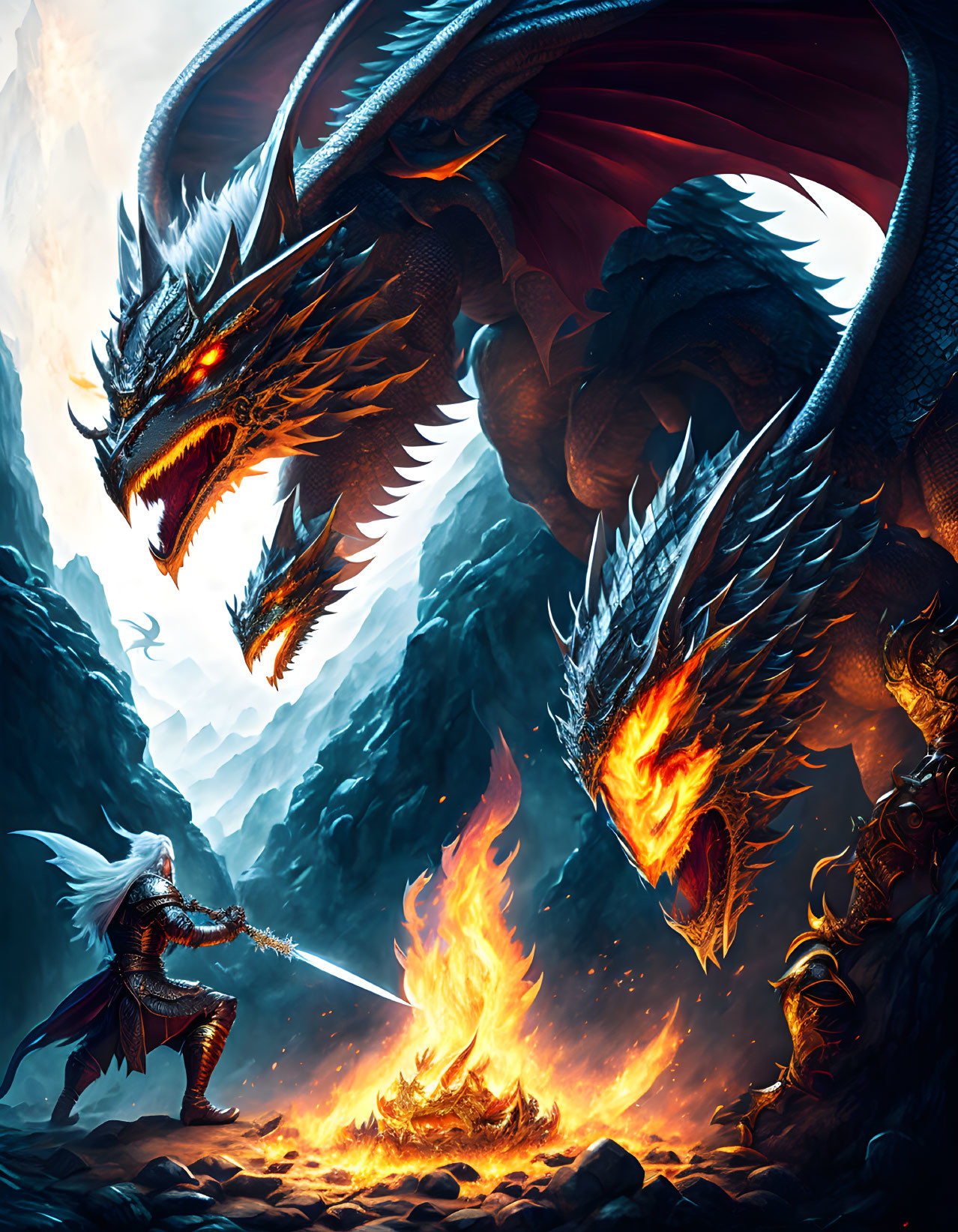 Warrior battles three-headed dragon in fiery mountain landscape