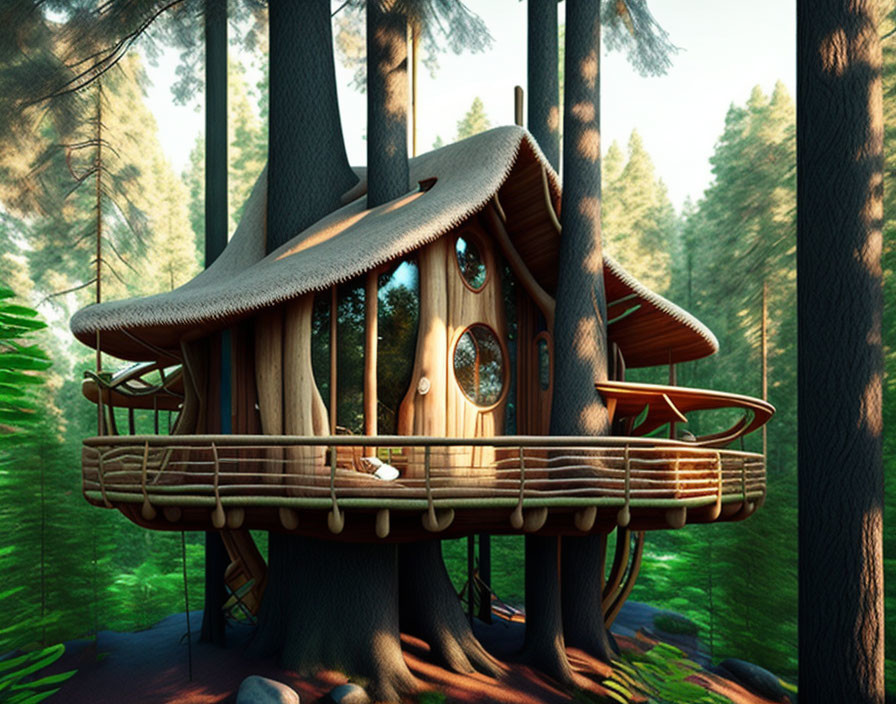 Whimsical treehouse nestled in dense forest with round windows and curved roof