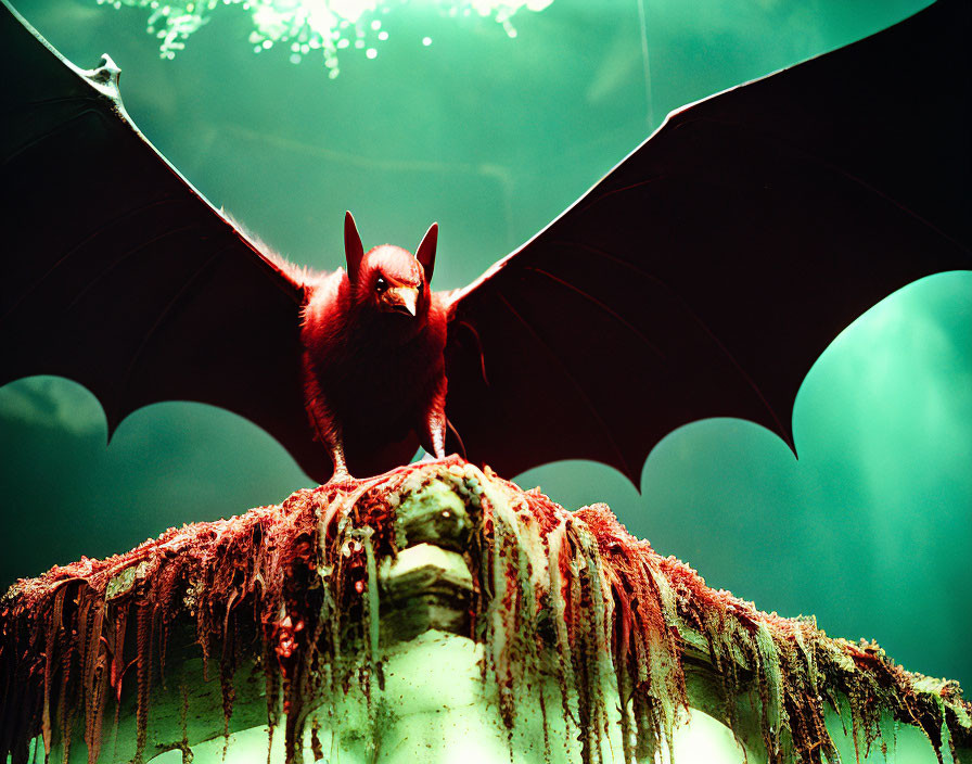 Bat with outstretched wings on moss-covered structure in eerie, green-hued setting