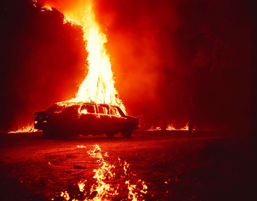 Burning car surrounded by flames in dark scene