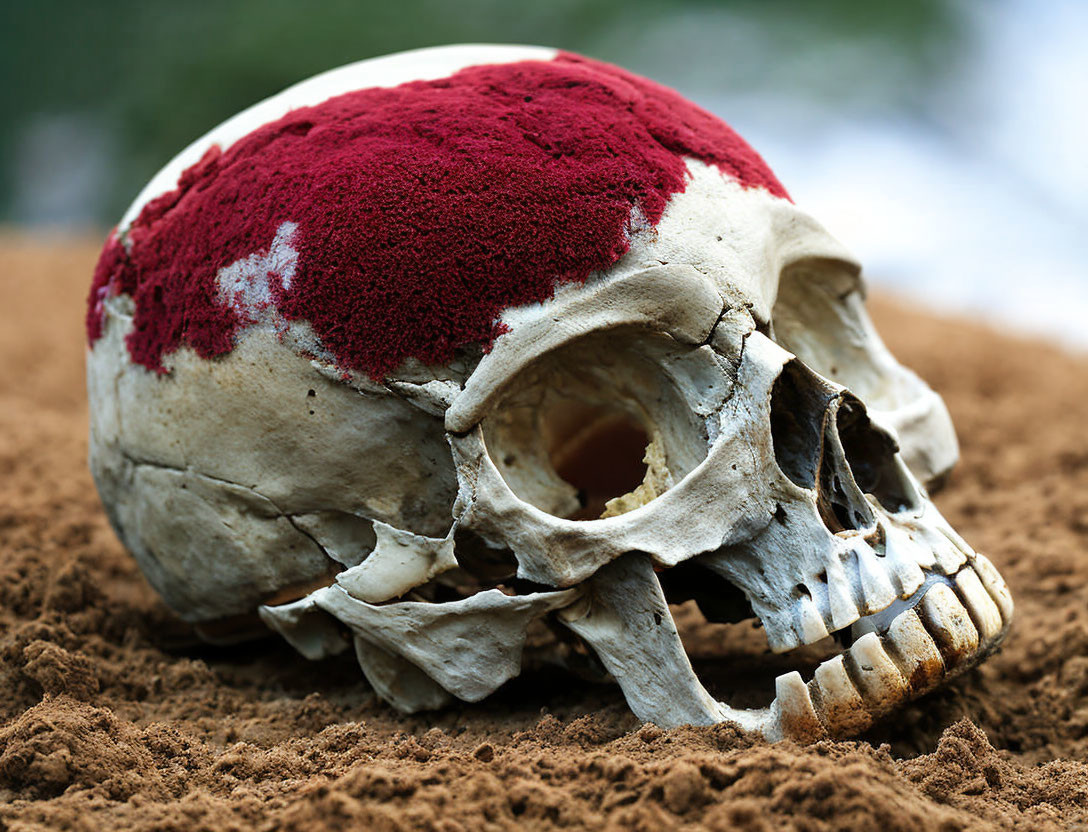 Human skull with red moss on sandy ground