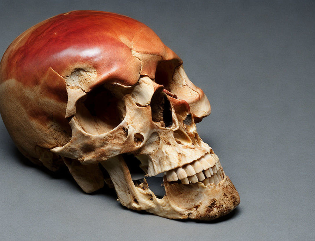 Detailed Human Skull on Gray Background Showing Bone Details