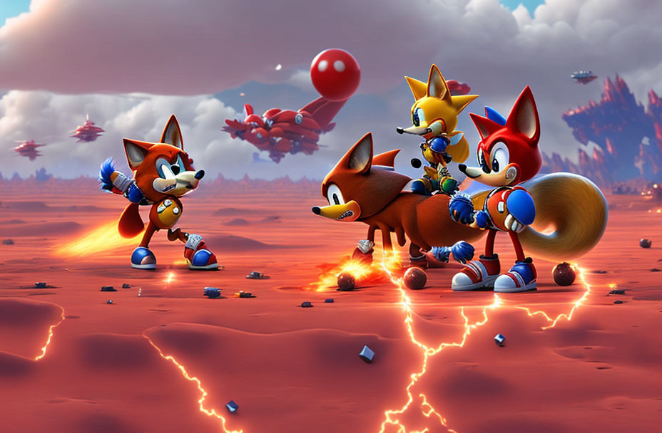 Animated Fox Characters in Dramatic Battlefield with Floating Platforms and Red Balloons