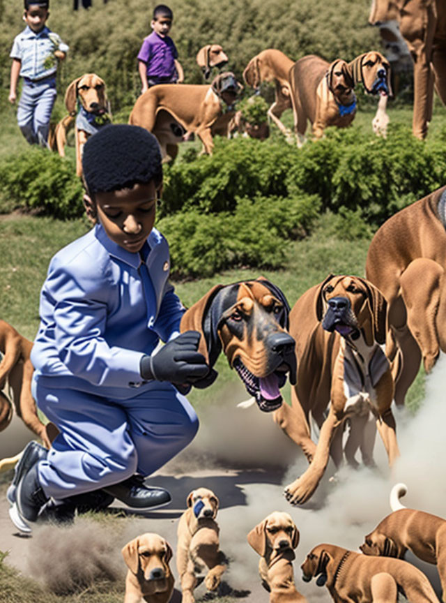 Young boy in blue suit surrounded by dogs on grassy field