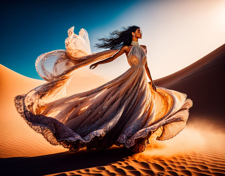 Woman in elegant dress running on desert dune at sunset