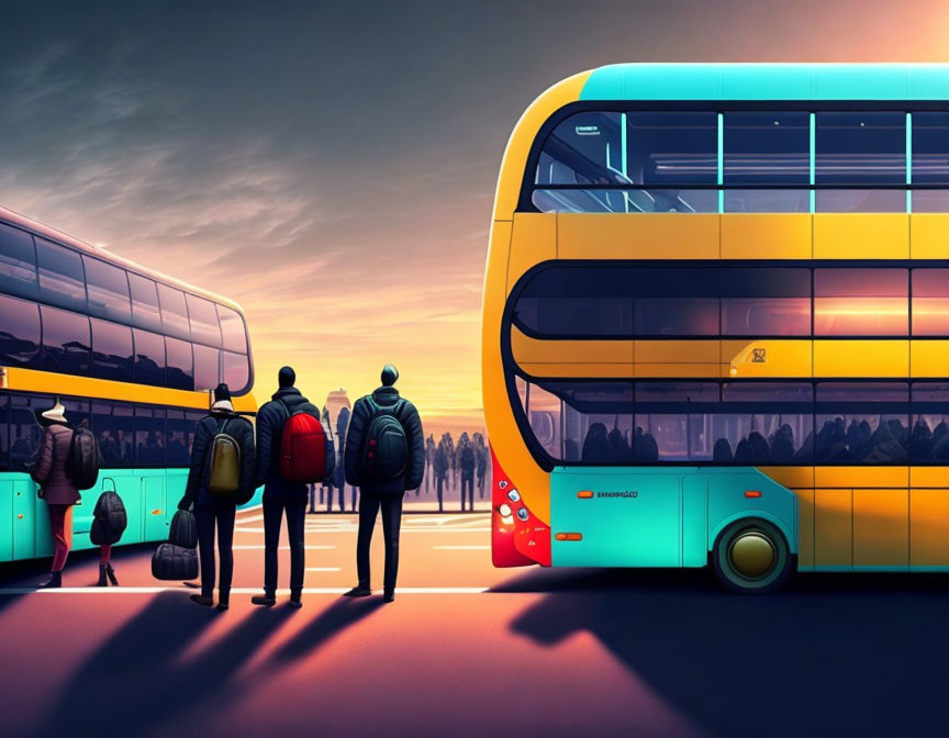 Three Individuals Waiting at Bus Stop with Colorful Double-Decker Buses at Sunset