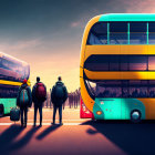 Three Individuals Waiting at Bus Stop with Colorful Double-Decker Buses at Sunset