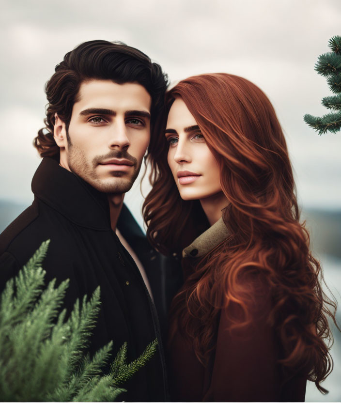 Man and woman with flowing hair in serene natural backdrop.