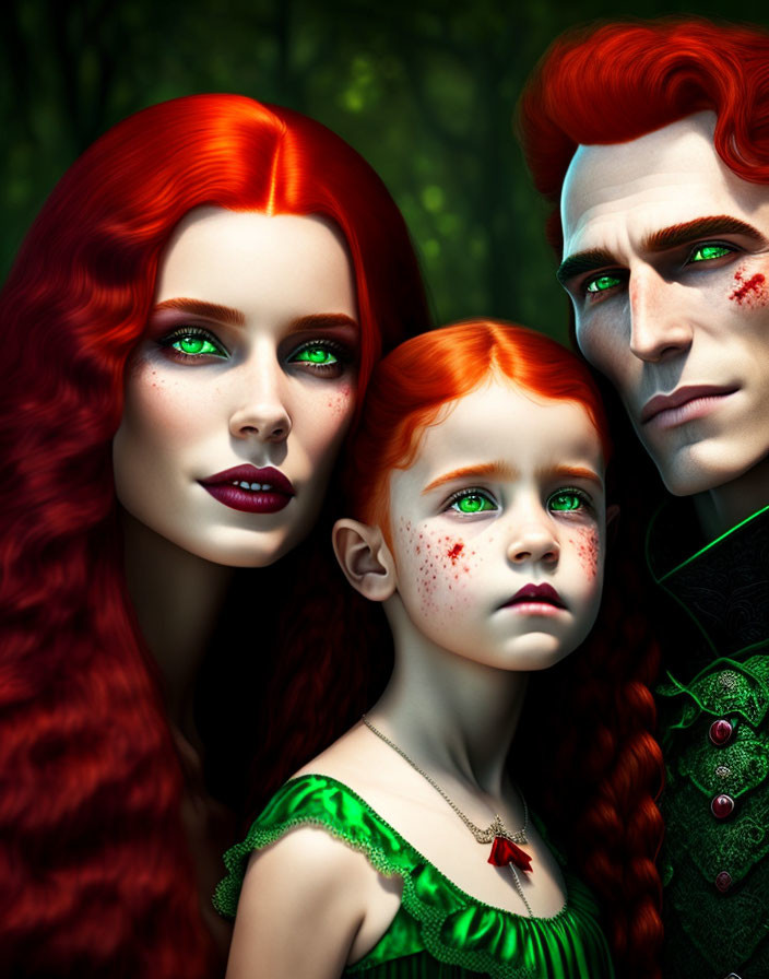 Digital artwork: Family with fiery red hair, green eyes, pale skin, freckles, in