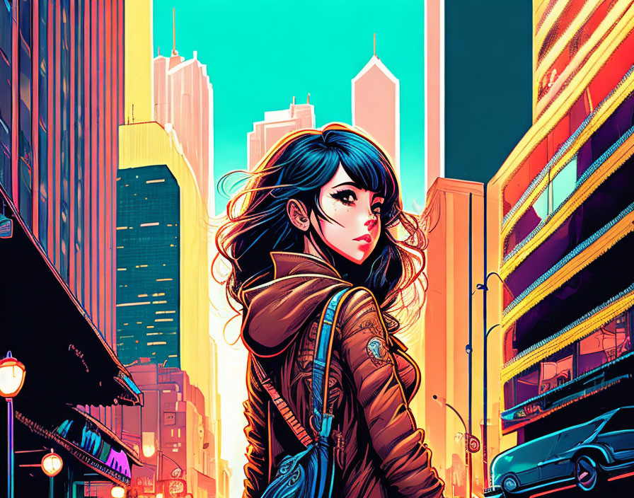 Dark-haired woman gazes over shoulder in neon-lit city street at dusk