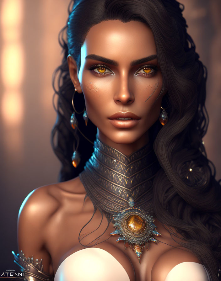 Portrait of Woman with Amber Eyes, Curly Hair, Gold Jewelry, and Metallic Top