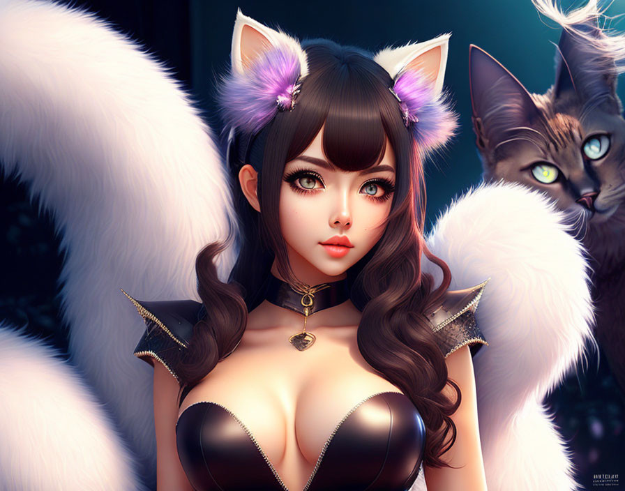 Illustration of girl with cat ears and tails in black outfit with realistic cat on dark backdrop