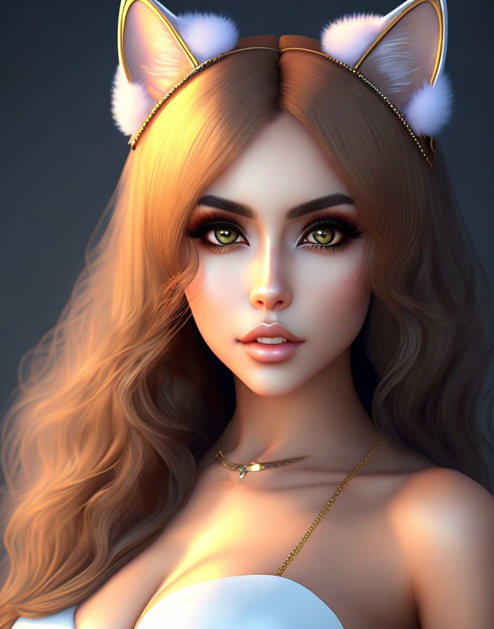 Digital Artwork: Woman with Feline Ears, Green Eyes, and Long Hair