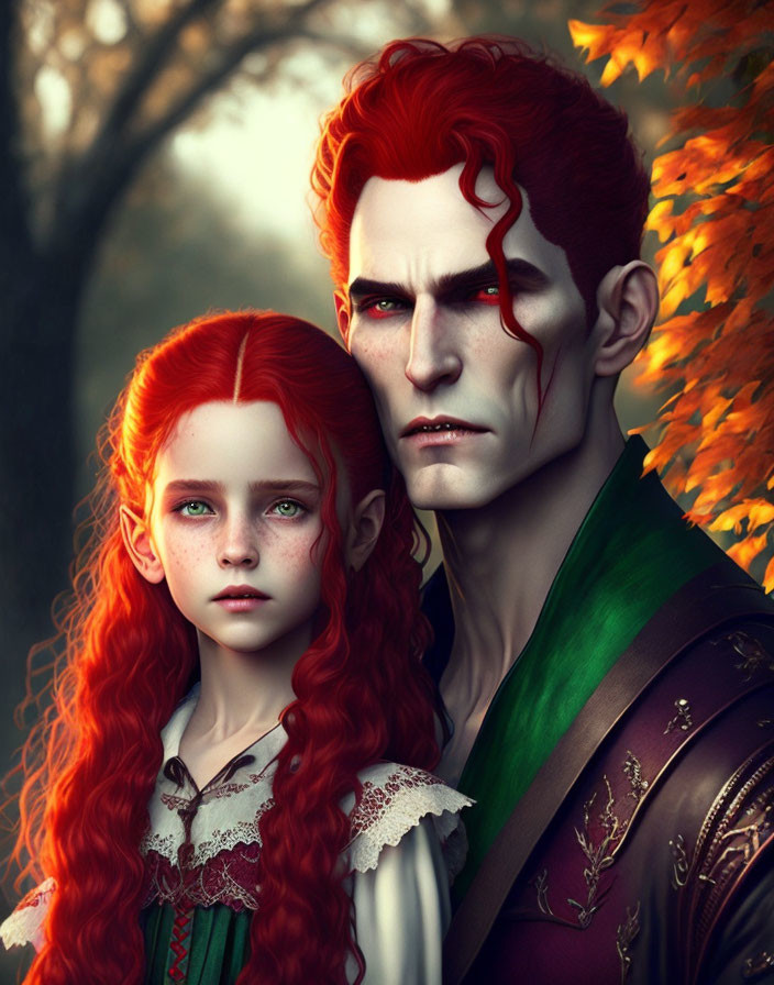 Digital Artwork: Young Girl with Red Hair and Pale Man with Red Eyes in Autumn Scene