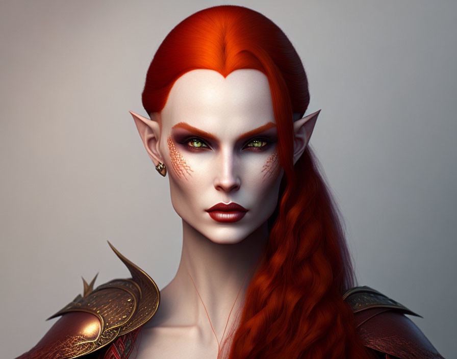 Fantasy Female Character with Red Hair, Pointed Ears, Green Eyes, and Golden Shoulder Armor