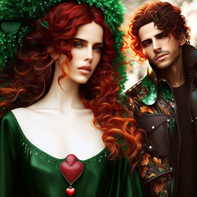 Fantasy digital artwork of woman with red hair and man in black jacket