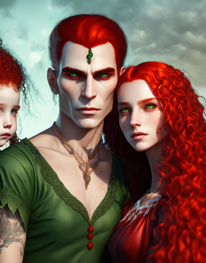 Digital artwork of family with red hair and green eyes in fantasy jewelry against cloudy sky